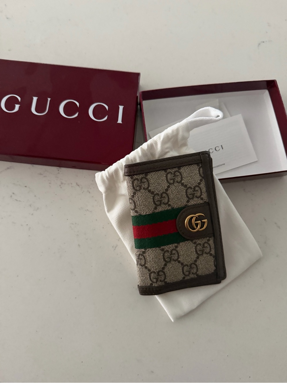 Gucci GG Supreme Card Case with Green/Red Web and Gold GG